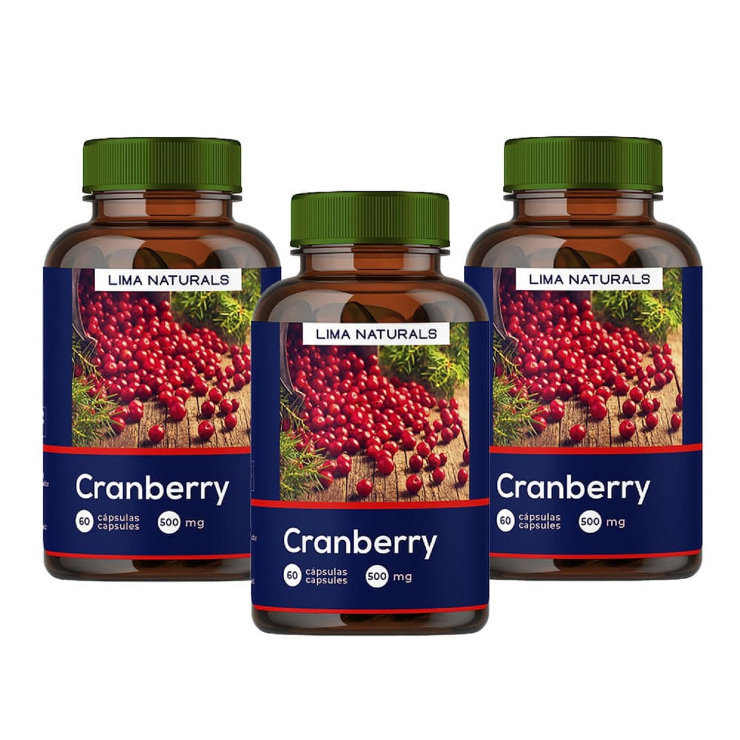 Pack 03 Frascos Cranberry Lima Naturals 60 Capsulas