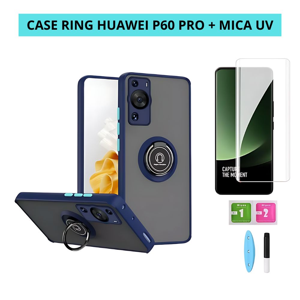 Case Funda Hardness Ring Azul Para Huawei P60 P60 Pro + Mica Uv