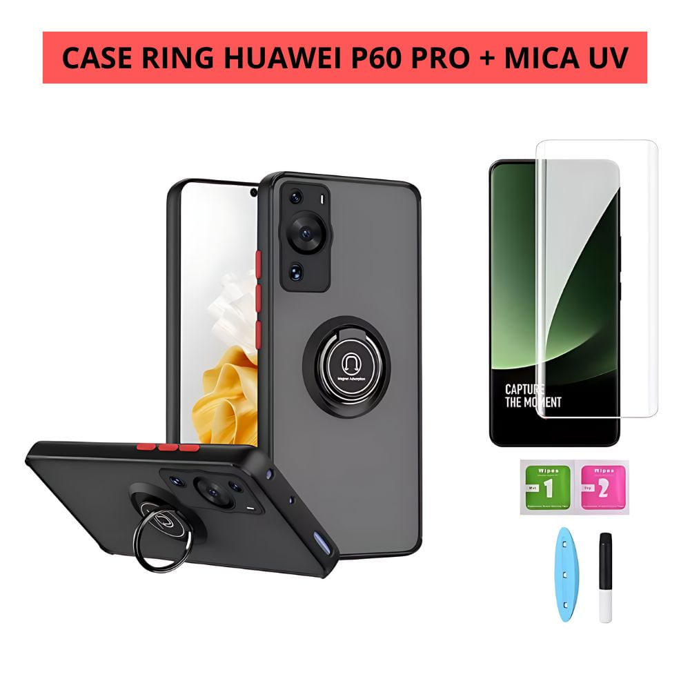 Case Funda Hardness Ring Negro Para Huawei P60 P60 Pro + Mica Uv