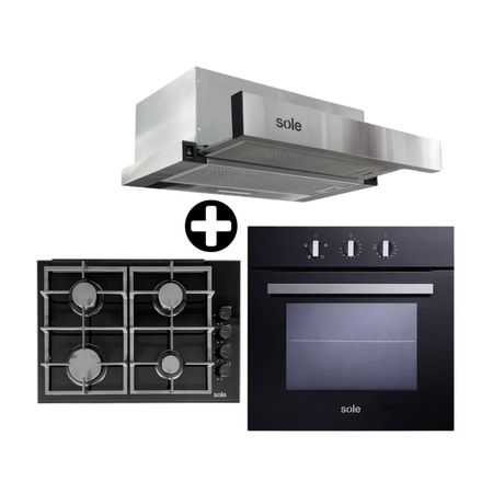 COMBO Cocina Sole: Cocina Encimera a Gas 4 Quemadores Compacta + Horno empotrable eléctrico Smart 60cm + Campana Bajo Mueble Spazio 60cm 1m Gris