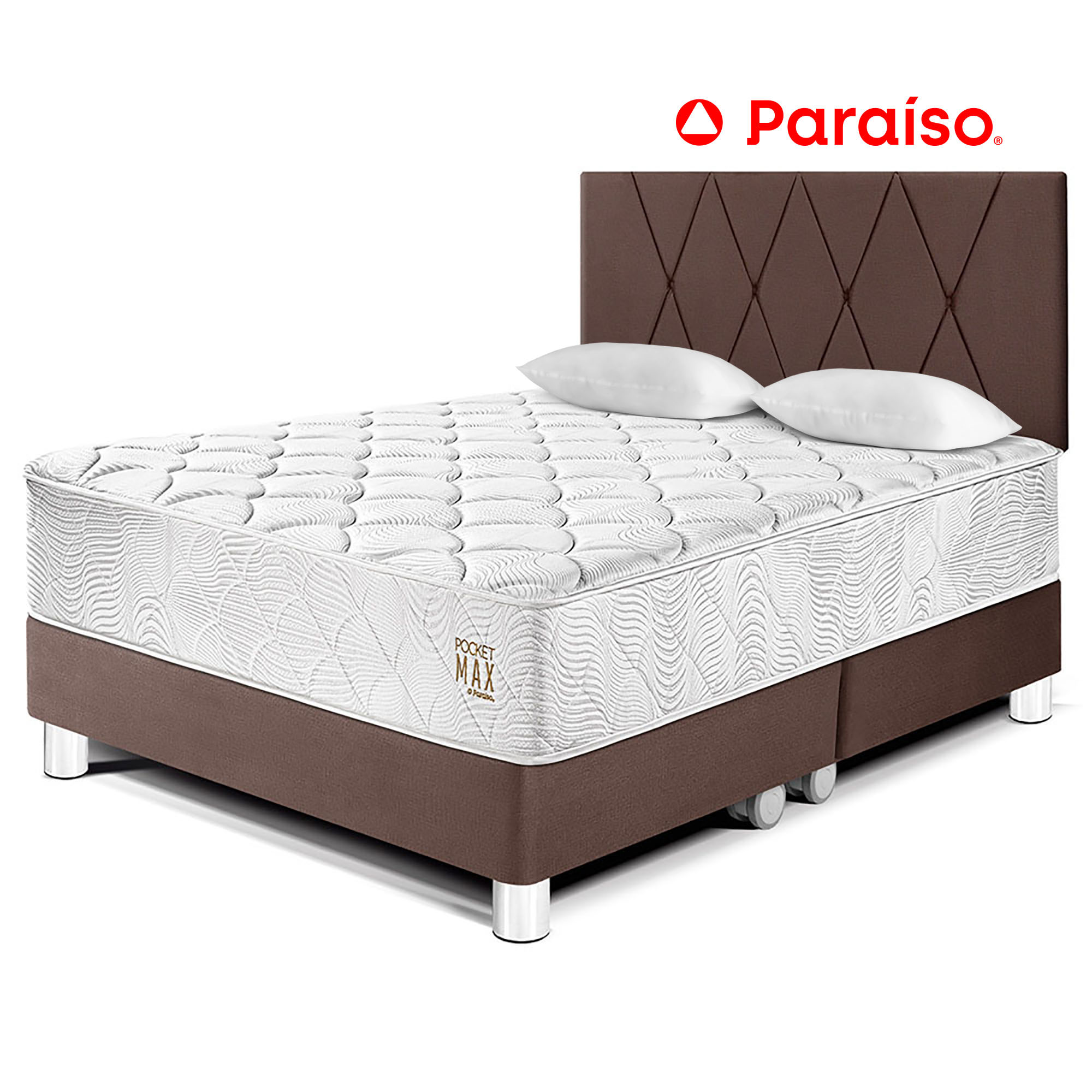 Dormitorio PARAISO Pocket Max Chocolate Queen + 2 Almohadas + Protector