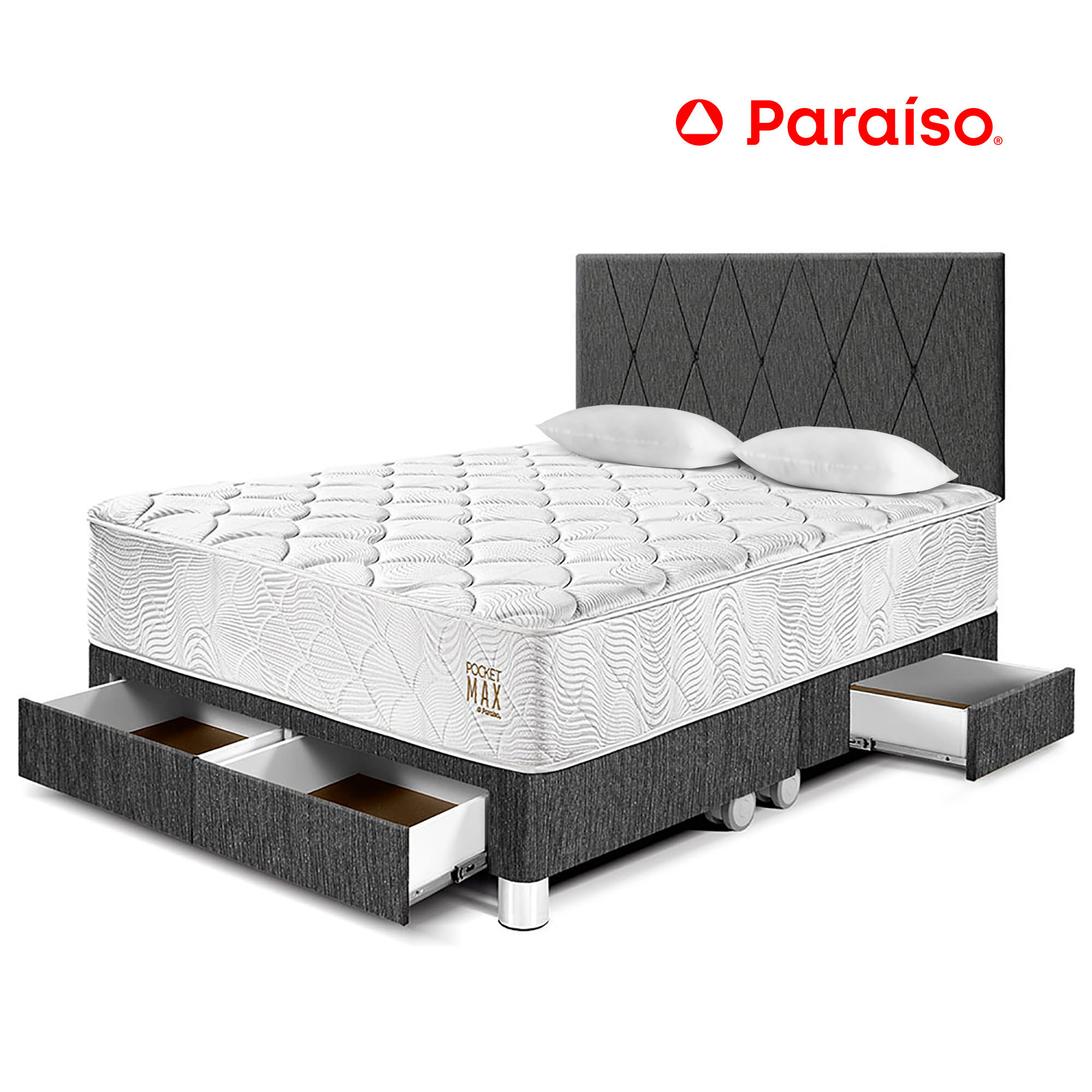 Dormitorio 4 Cajones PARAISO Pocket Max Charcoal King + 2 Almohadas + Protector