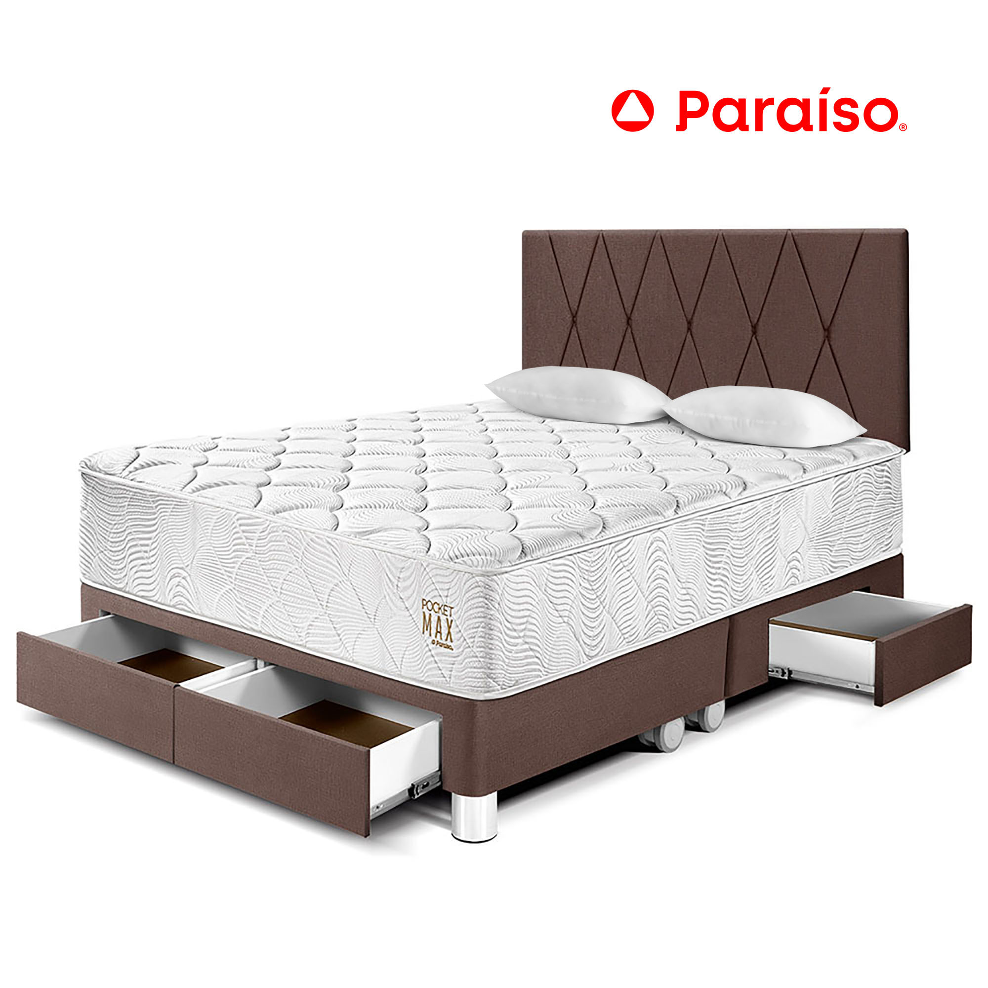 Dormitorio 4 Cajones PARAISO Pocket Max Chocolate King + 2 Almohadas + Protector