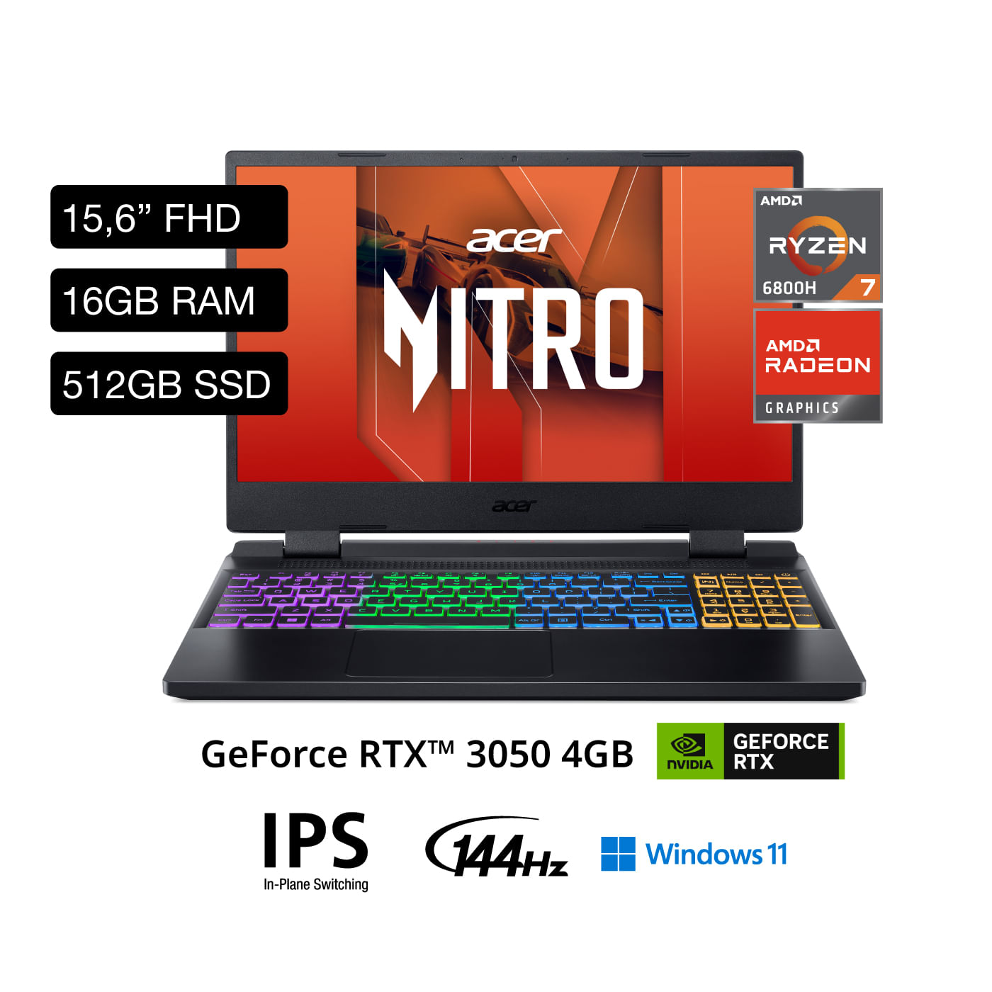 Laptop Gamer ACER  Nitro 5 AN515-46-R26Q 15.6"" AMD Ryzen 7 (6000 series) 16GB 512GB SSD RTX3050