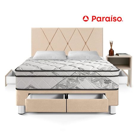 Dormitorio Pocket Advance 2 Plazas con Cajones + Velador Repisa Champagne