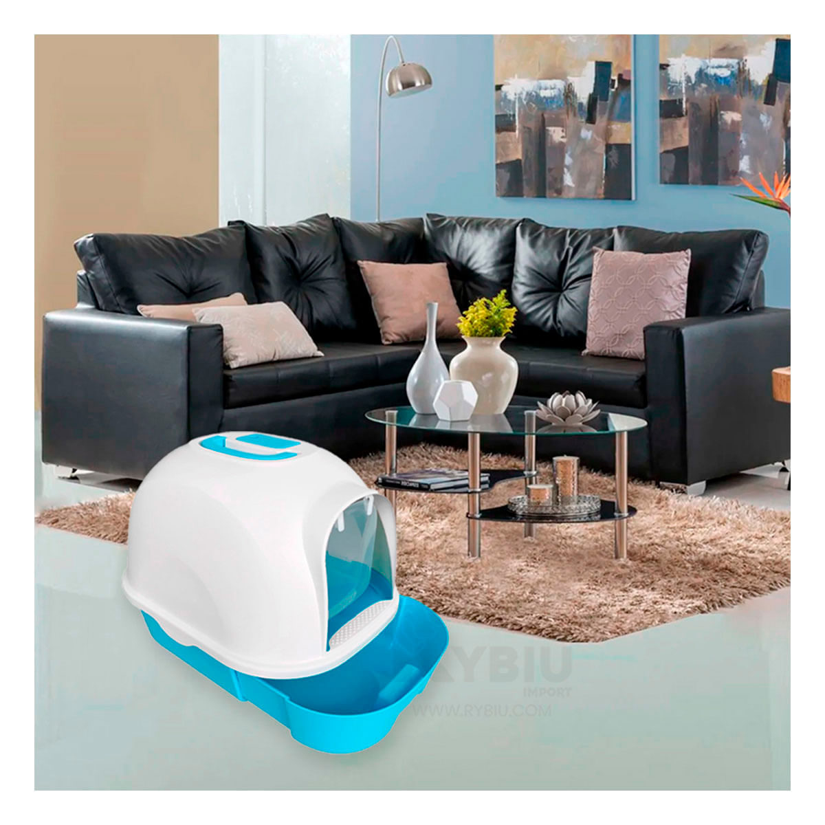 Arenero Cerrado para Gatos de Color Celeste Y+Agendita