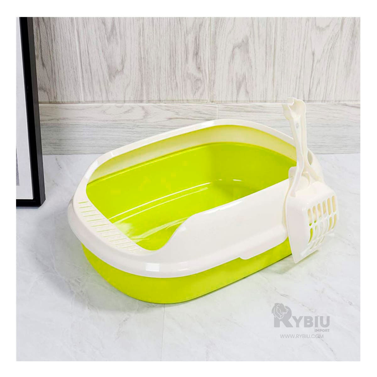 Arenero con Laterales Elevados y Pala para Gatos en Verde