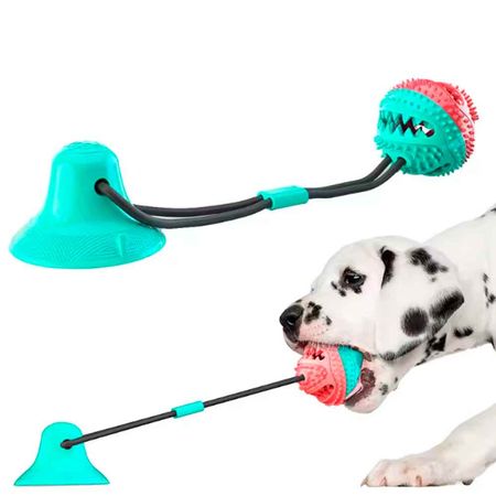 PELOTA MORDEDORA CON BASE PARA PERROS, GOMA DISPENSADOR DE COMIDA VERDE/FUXIA