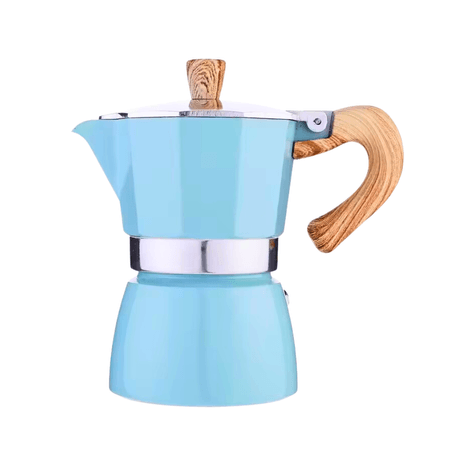 Cafetera Italiana con Mango de Madera y Aluminio 150 ml Celeste