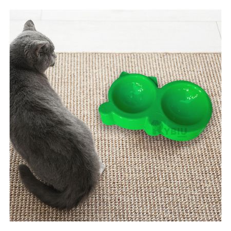 Plato Doble Pet Mediano en Forma de Gato en Color Verde