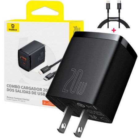 Cargador Baseus 20W Carga Rapida Dual + Cable Lightning Iphone - NEGRO