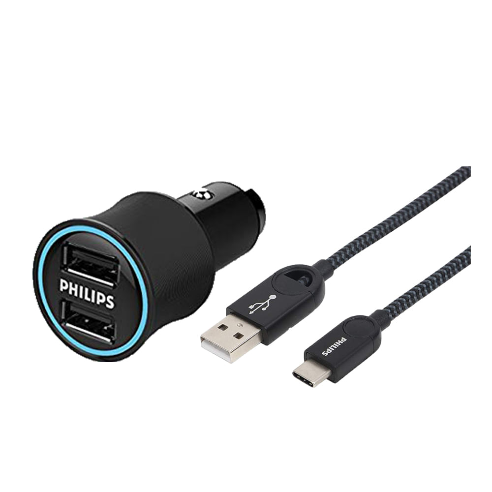 COMBO Cargador de Auto 2 Puertos - Cable Tipo Lightning Philips Dlp2553U