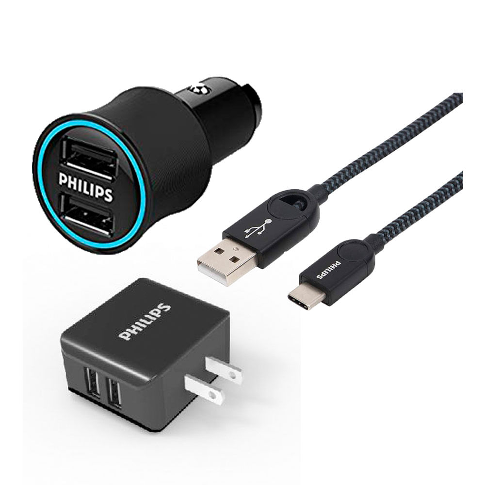 COMBO Cargador de Auto 2 Puertos - Cargador de Pared 2 Puertos - Cable Micro Usb Philips Dlp2553Ac