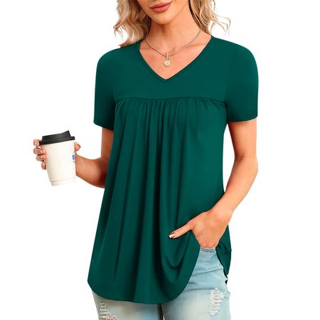 Blusa Vestido Tencede de Manga Corta con Cuello en V Holgada Color Verde - Nezmun Talla M