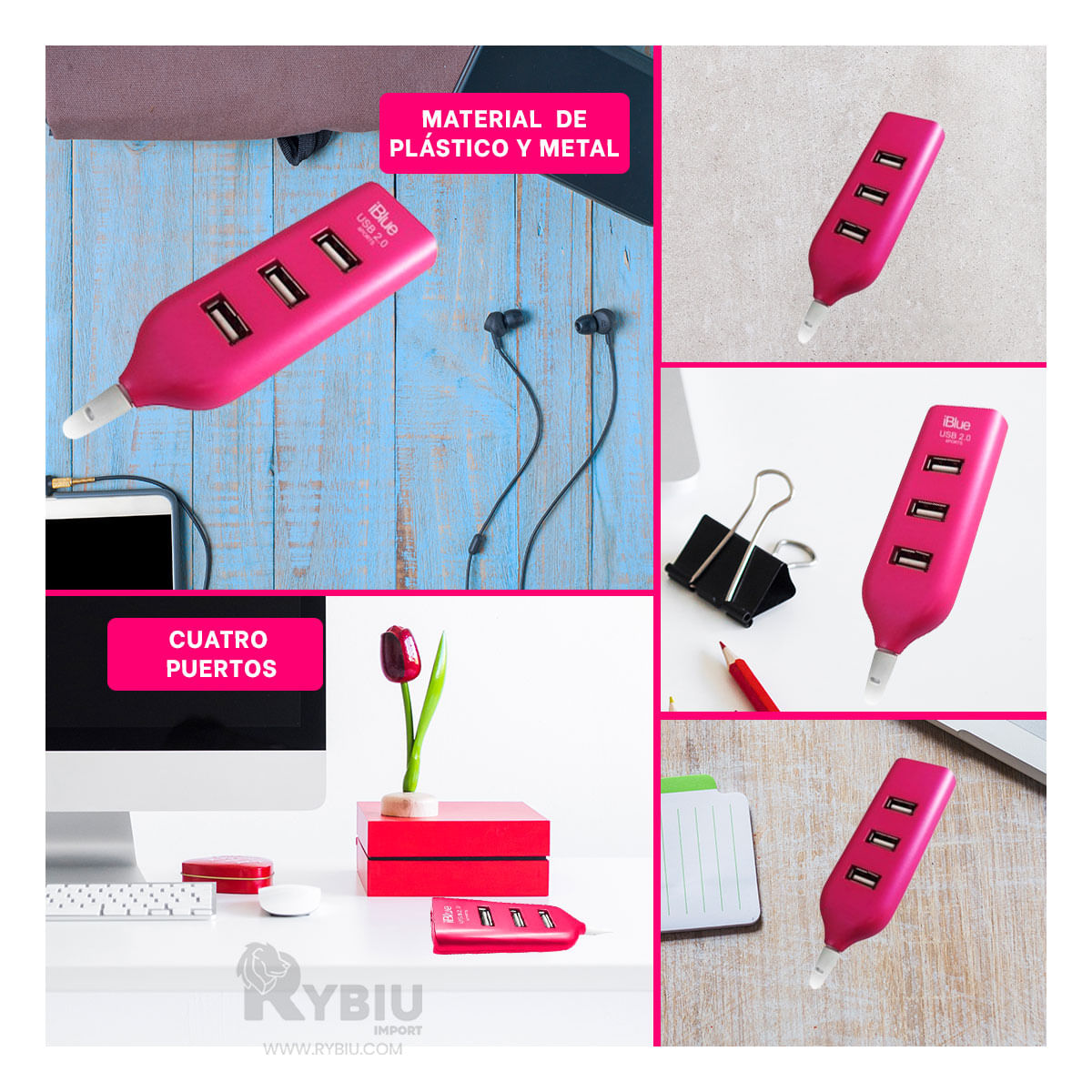 Hub Moderno de 4 Puertos Usb 2.0 Fucsia Y+Papel de Regalo