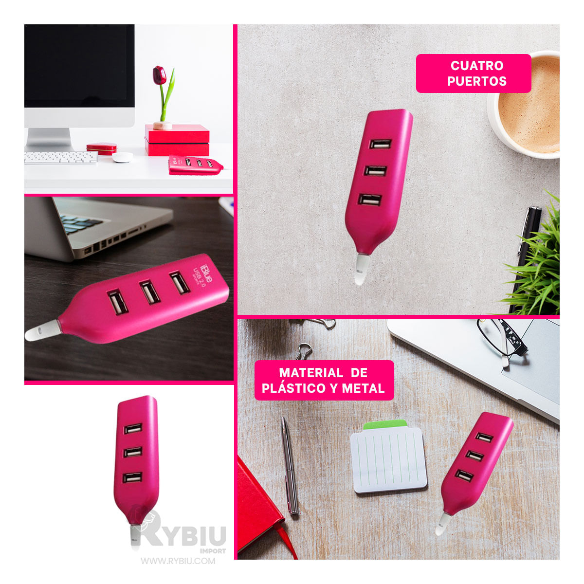 Hub Transportable 4 Puertos Usb 2.0 de Tono Fucsia