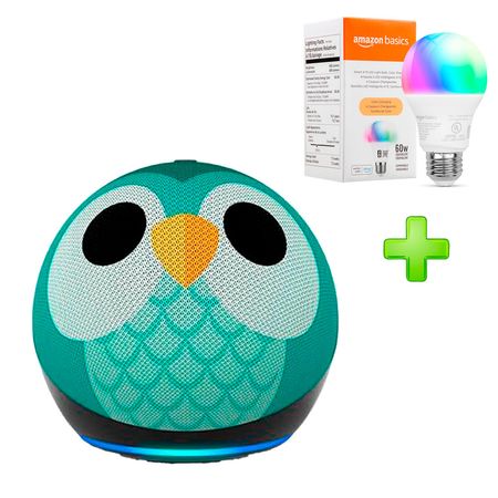 Pack Echo Dot para Niños 5ta Gen Alexa Owl Búho Verde + Foco Amazon Basic 60W