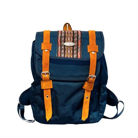 Mochila beWorthy Azul de Nylon con Tela Incaica y Detalles en Gamuza Naranja