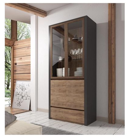 Vitrina Alta TU MESITA Miramar color Negro/Marrón 4 puertas 1 cajón