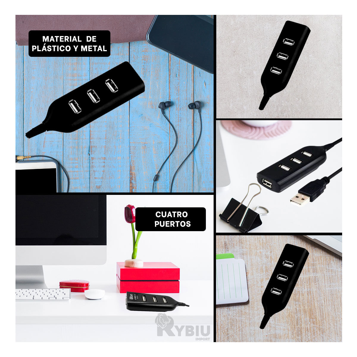 Hub Moderno de 4 Puertos Usb 2.0 Negro Y+Papel de Regalo