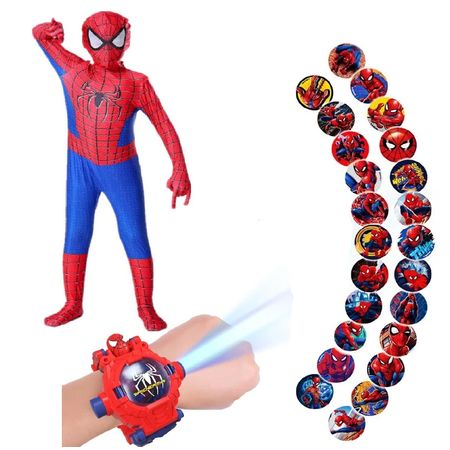 Pack Disfraz Spiderman + Reloj Robot Proyector Niños Halloween Navidad Genieka 2-3 años