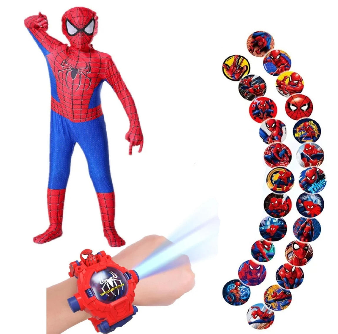 Pack Disfraz Spiderman + Reloj Robot Proyector Niños Halloween Navidad Genieka