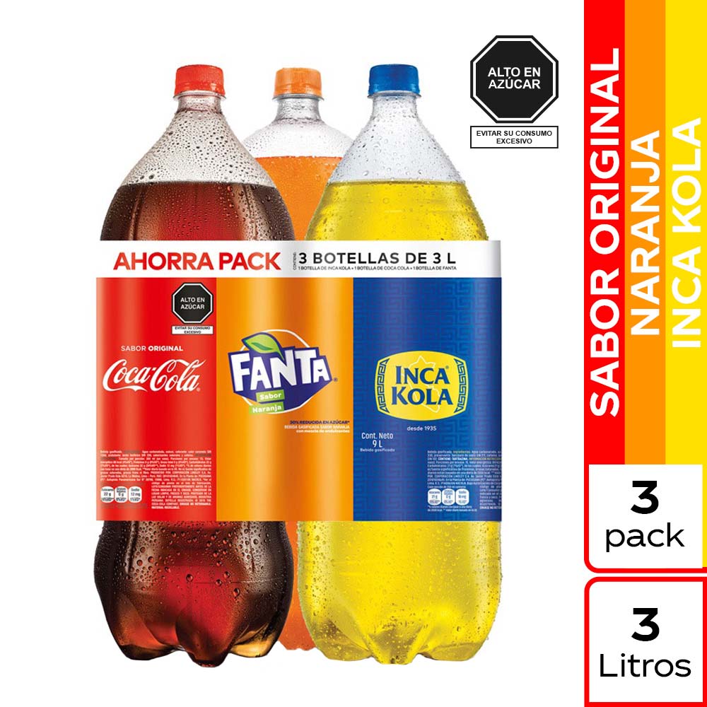 Tripack Gaseosa 1 COCA COLA Botella 3L + 1 INCA KOLA Botella 3L + 1 FANTA Botella 3L