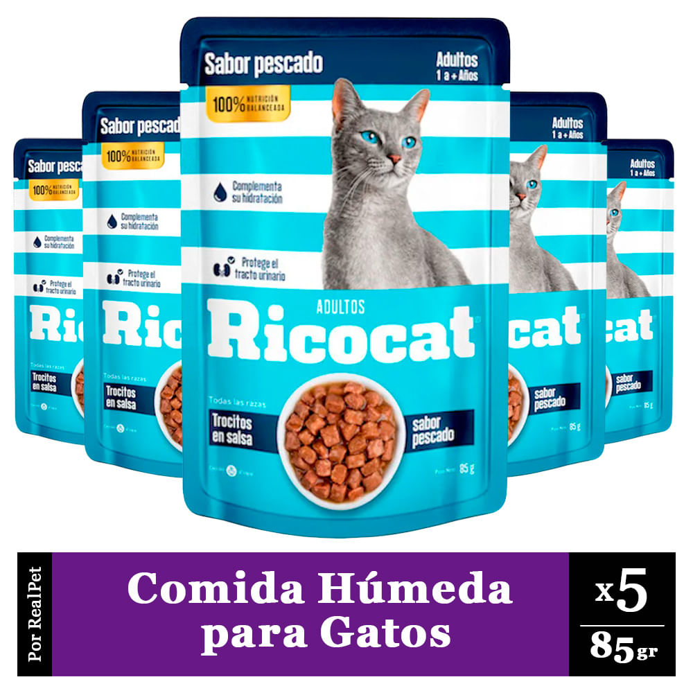 Pack x5 Comida Húmeda de Gato Ricocat Trocitos Pescado 85gr