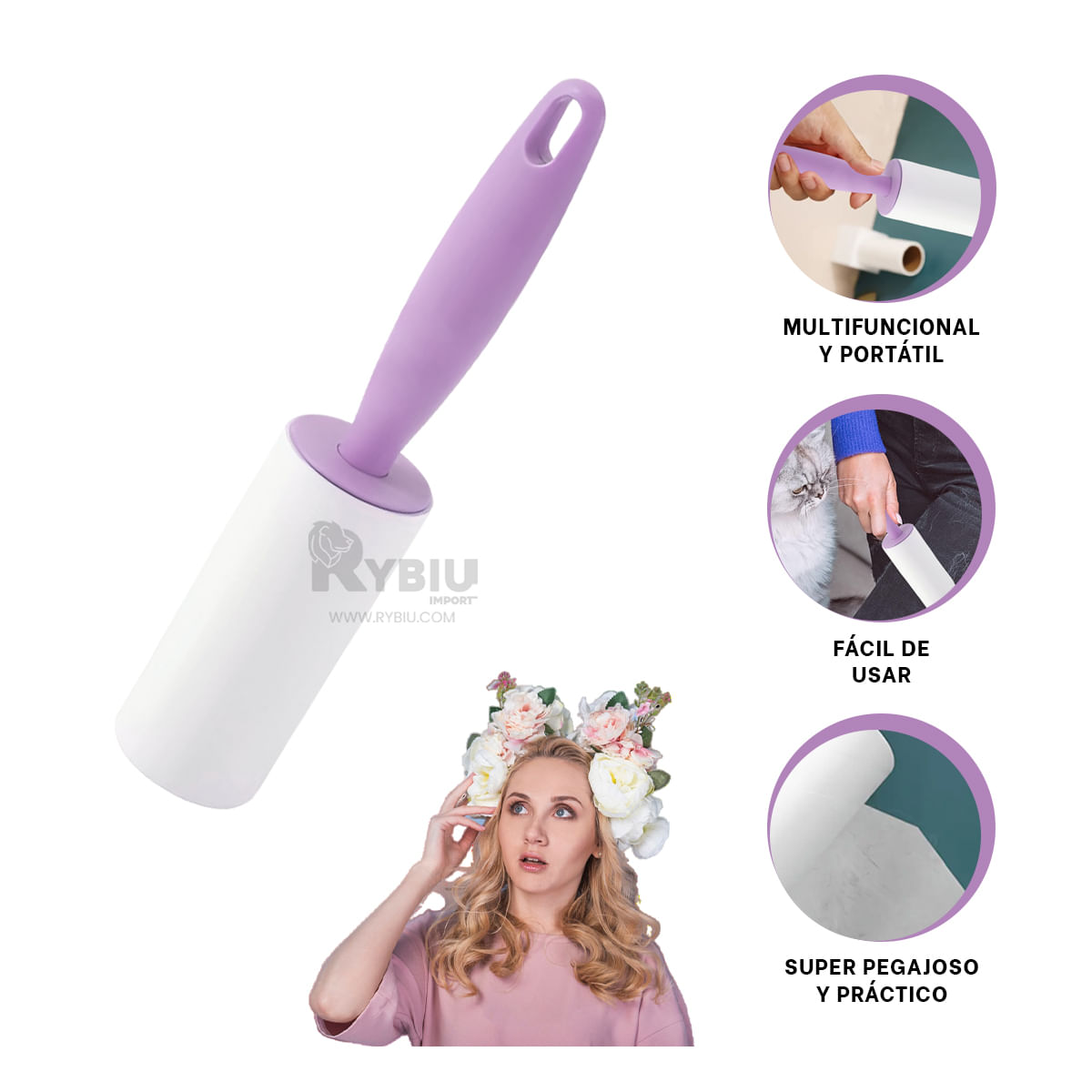 Rodillo Practico para Pelusa de Color Lila Y+Stickers