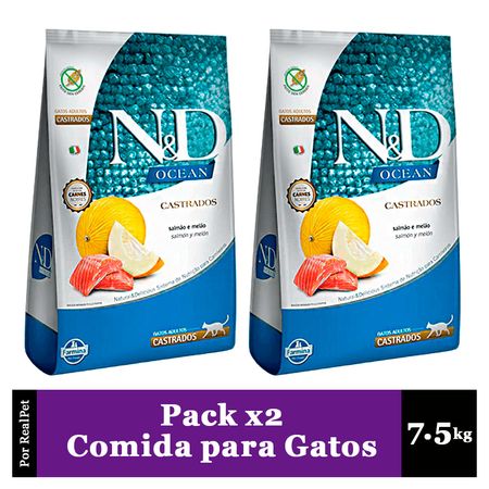 Pack x2 Comida Gato Castrado N&D Ocean Salmón y Melón 7.5 kg