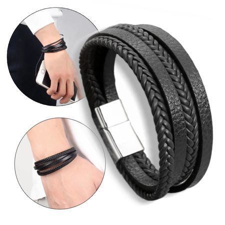 Pack Pulsera para hombre Cuero Acero Inoxidable 4 cuerdas