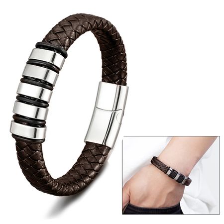 Pulsera para Hombre de Cuero y Acero Inoxidable Brazalete Café Marron