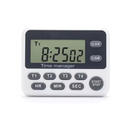 Temporizador Cronómetro Timer de 04 Canales Con Reloj para Cocina Laboratorio Temporizador Timer Digital de 04 Canales Con Reloj para Cocina Laboratorio