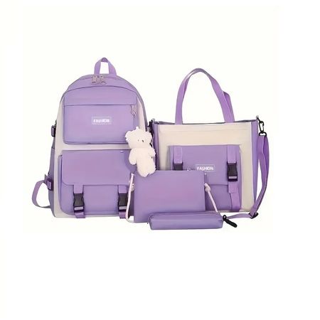 Juego de Mochila Bolso Monedero y Cartuchera 4 Piezas Morado