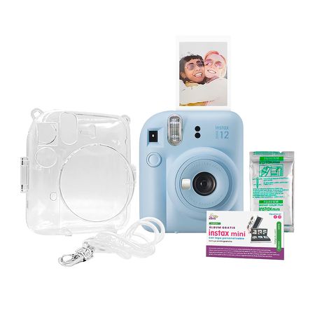 Pack Cámara Instax Mini 12 Celeste con Case Papel Fotográfico y Cupón