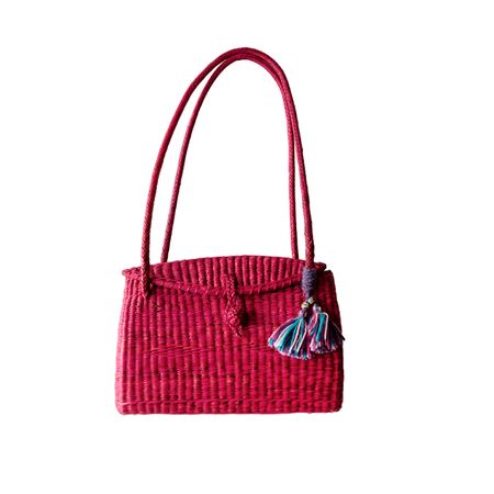 Cartera de Paja beWorthy Fucsia con Borla de Lana de Alpaca