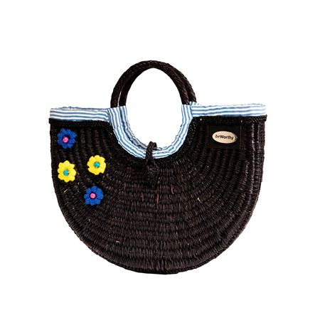 Cartera de Paja beWorthy Negra con Flores