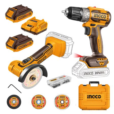 Kit Mini Amoladora Ingco 20V + Discos + Taladro Atornillador Inalámbrico Brushless 20V CKLI20278