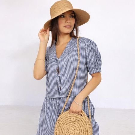 Set Dos Piezas Vichy Algodón Isabella Mujer Talla L Azul