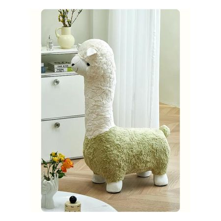 Taburete Banquito Diseño Alpaca Felpa Madera Verde