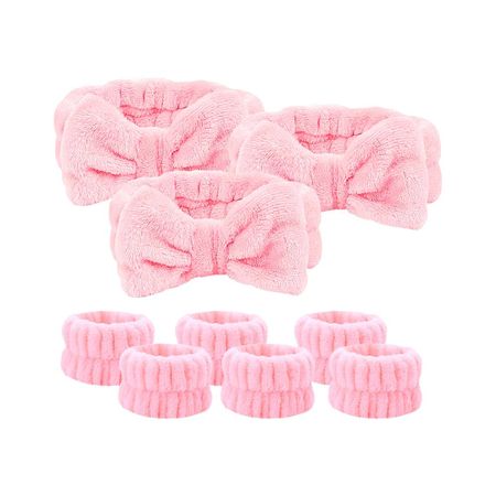 Vincha de Baño Con Moño + Pulseras de Muñeca Rosa 3 Unidades