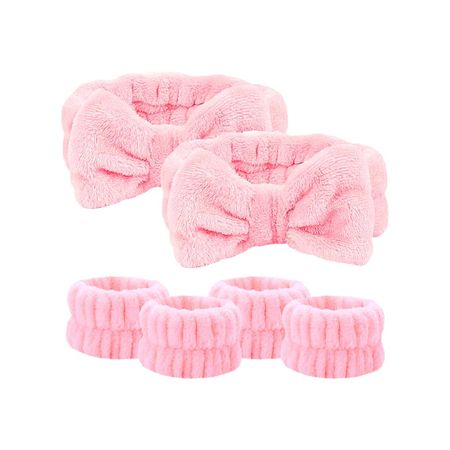 Vincha de Baño Con Moño + Pulseras de Muñeca Rosa 2 Unidades