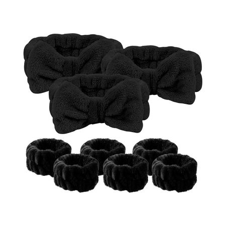 Vincha de Baño Con Moño + Pulseras de Muñeca Negro 3 Unidades