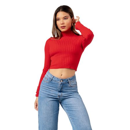 Chompa Crop Cuello Alto de Cashemira Color Rojo S