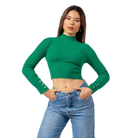 Chompa Crop Cuello Alto de Cashemira Color Verde S