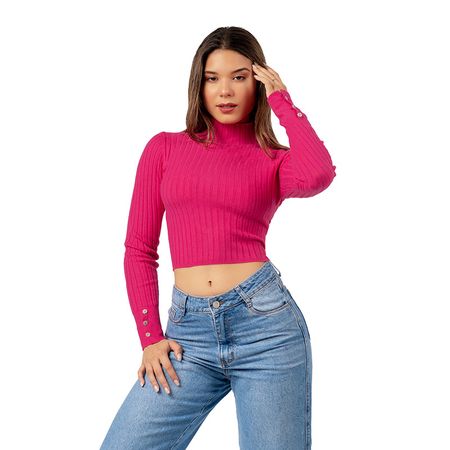 Chompa Crop Cuello Alto de Cashemira Color Fucsia M