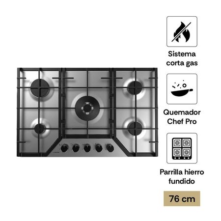 Cocina Encimera Sole S-Collection SOLCO064 Acero Inoxidable a Gas 76cm