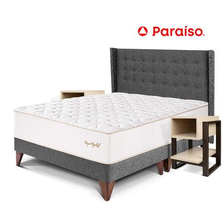 Dormitorio Europeo Royal Elizabeth Gold King + 2 Veladores Flotante + 2 Almohadas Gris