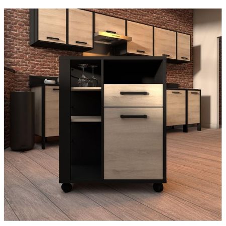 Mueble Auxiliar de Cocina TU MESITA Sissy color Negro/Roble con ruedas