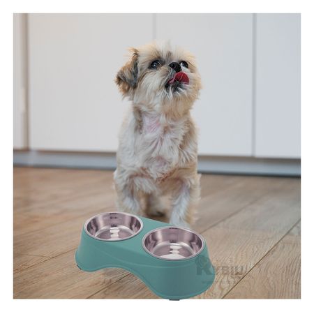 Comedero Alto Doble con Platos de Acero Celeste